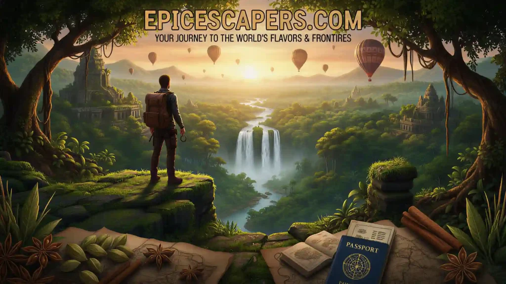 A minimalist and playful illustration with clean lines and a vibrant, limited color palette. The central figures are two highly stylized, abstract yet recognizable characters (perhaps simple shapes like a triangle and a circle) wearing tiny adventure hats. They are depicted mid-action, interacting with various simplified travel icons: one is playfully leaping over a stylized airplane, while the other is pointing excitedly at a minimalist rendering of a famous landmark (like a simplified pyramid or a bridge). The background is a gradient of cheerful colors, and a dotted line trails behind them, suggesting a journey. The emphasis is on fun, movement, and the essence of travel