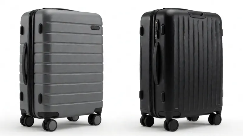 A side-by-side comparison of a gray four-wheeled suitcase and a black eight-wheeled suitcase on a white background.