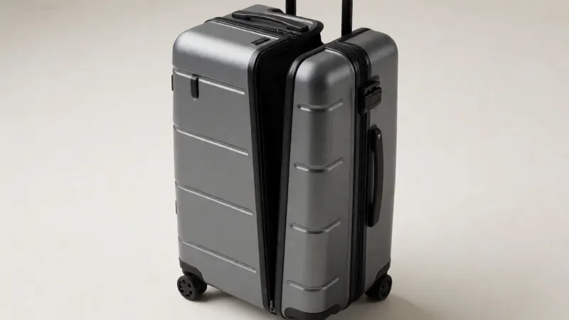 A sleek gray hardside trunk-style suitcase with an 80/20 split opening, standing upright on a plain, light-colored surface.