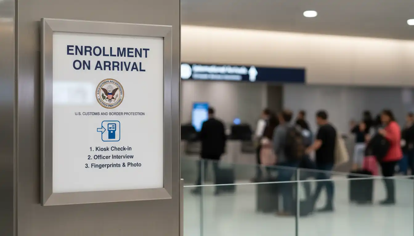 Airport signage directing travelers to Enrollment on Arrival for Global Entry