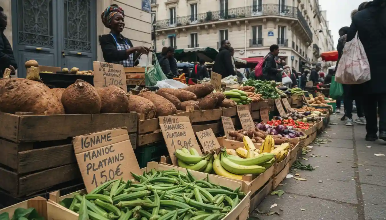 West African vegetables like yams and cassava in a Paris market