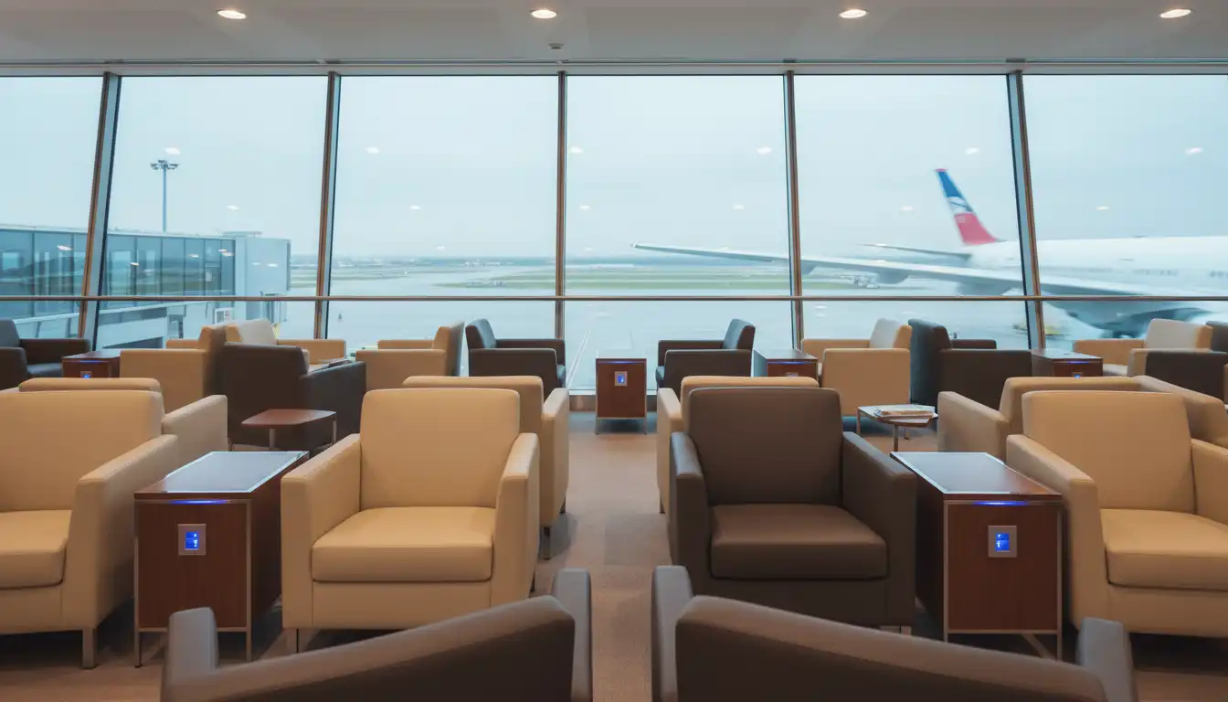 Comfortable airport lounge seating area with charging ports