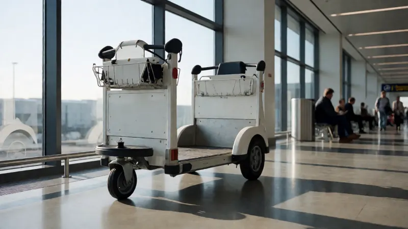 An empty white electric shuttle cart parked inside a bright, modern airport terminal with large windows and a polished concrete floor.