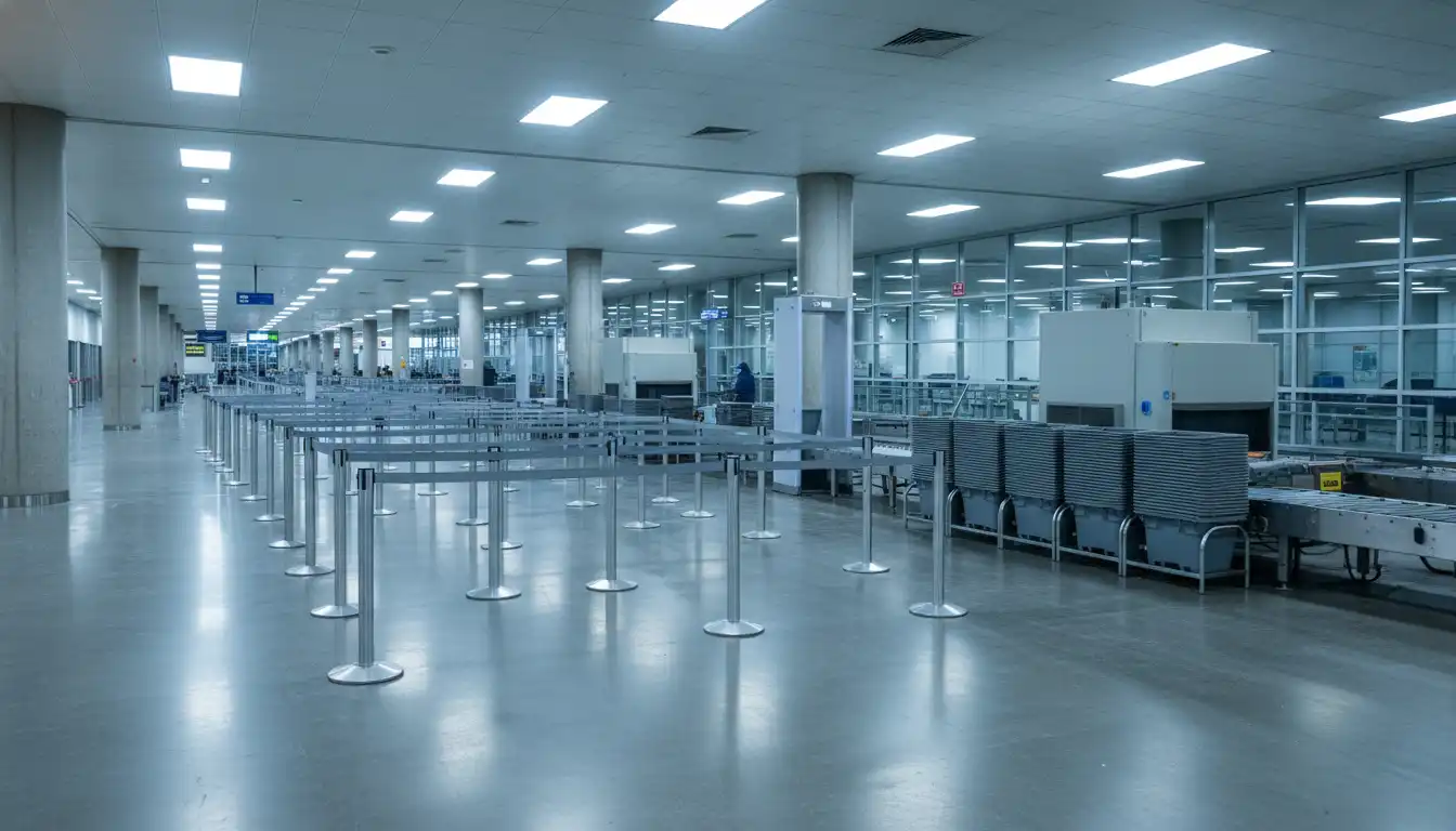 Crowded airport security line with passengers waiting