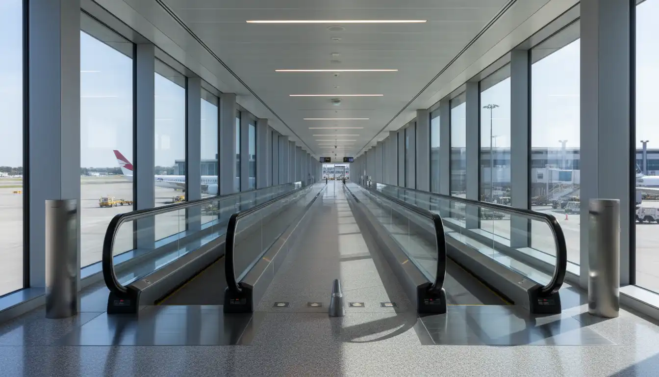 Travelers walking quickly through a long airport terminal walkway