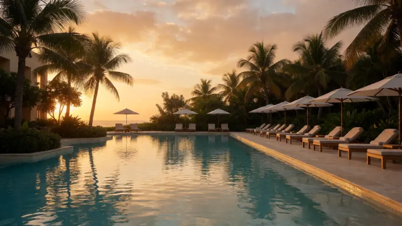 An elegant, tranquil resort swimming pool with lounge chairs at sunset, surrounded by palm trees.