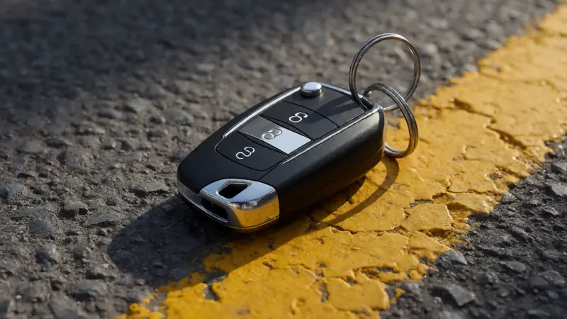 A modern car key fob resting on a textured gray asphalt surface next to a yellow painted line.