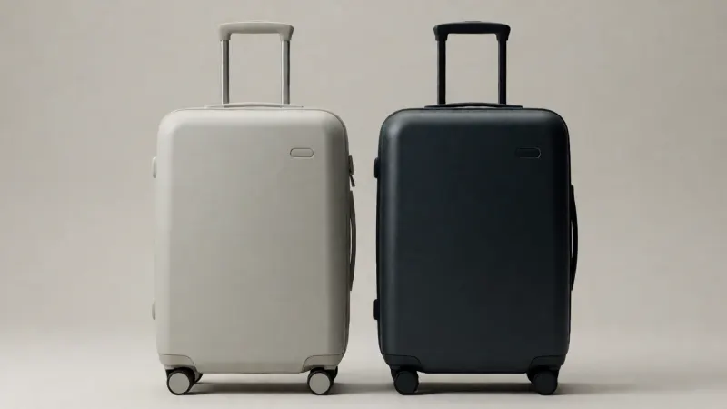A minimalist light-colored hardshell suitcase next to a dark-colored hardshell suitcase on a plain background.