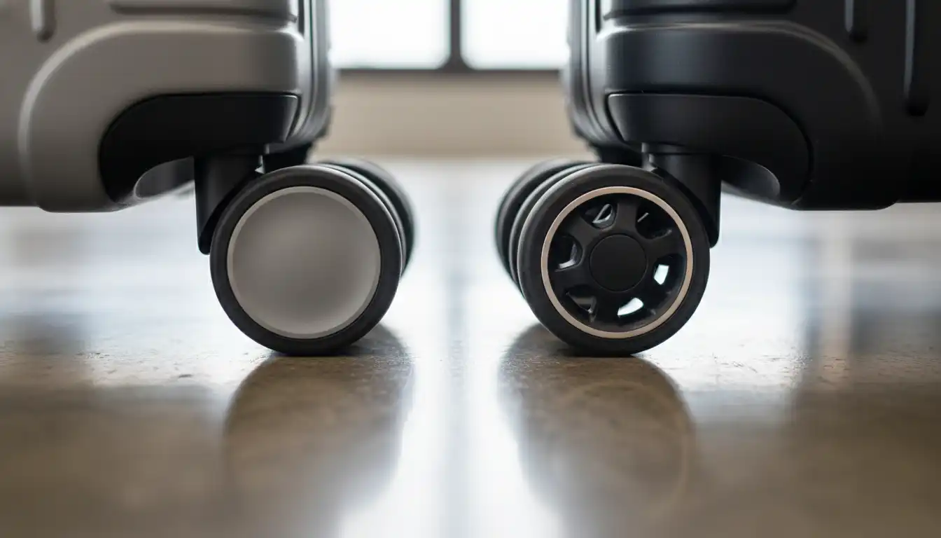 Close up of the wheels on the Away Flex and Tumi Alpha 3