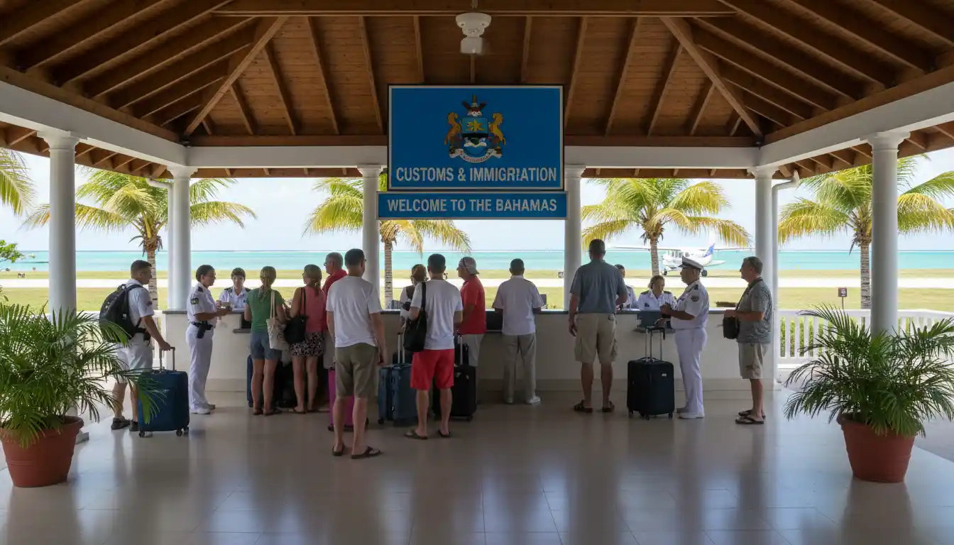 Small airport terminal in the Bahamas with customs entry
