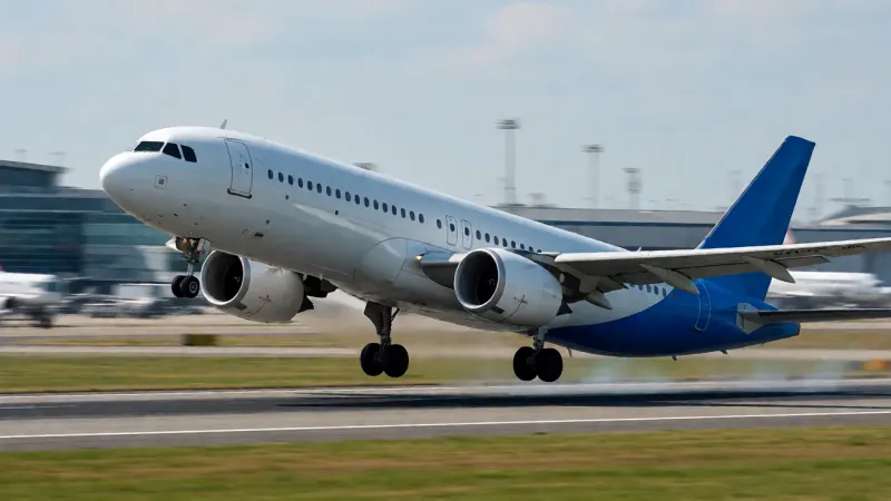 A stylized icon of a passenger airplane taking off from a runway.