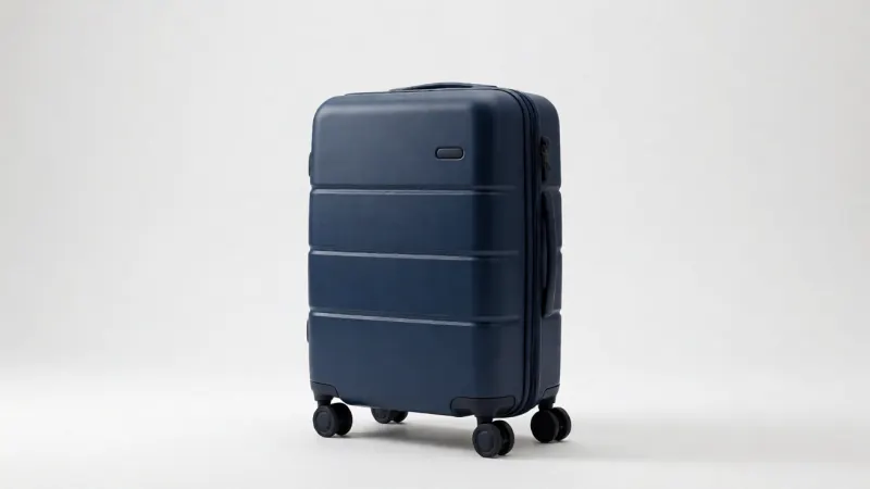A modern, dark blue hard-shell carry-on suitcase with four spinner wheels standing on a plain white surface.