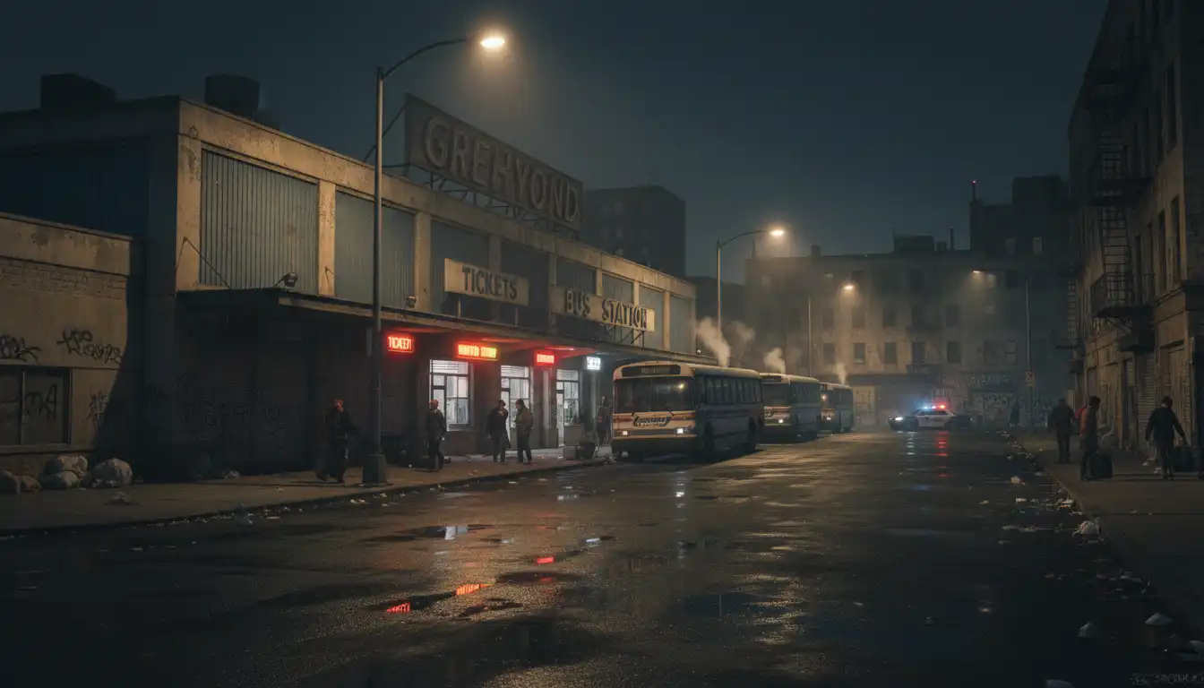 Greyhound bus station exterior in a rough urban neighborhood at night.
