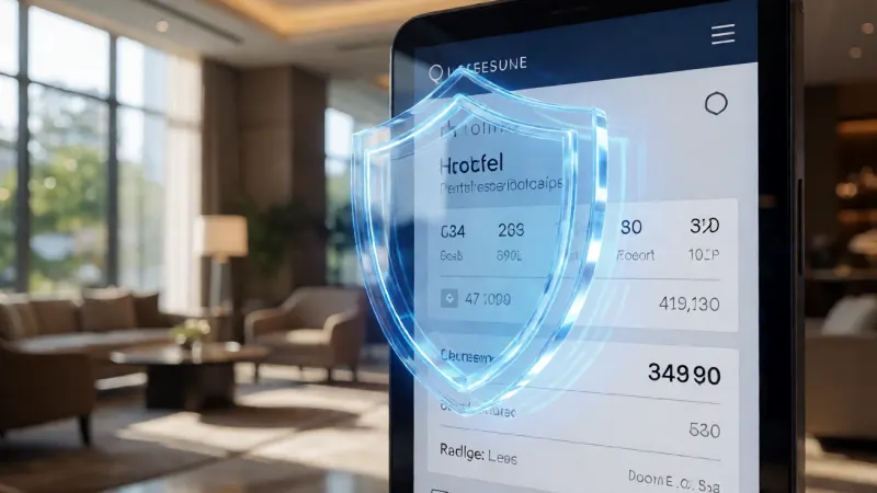 A conceptual image of a shield icon overlaying a hotel reservation confirmation on a digital screen.
