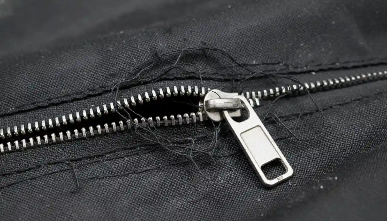 Close-up of a broken zipper on a cheap polyester garment bag