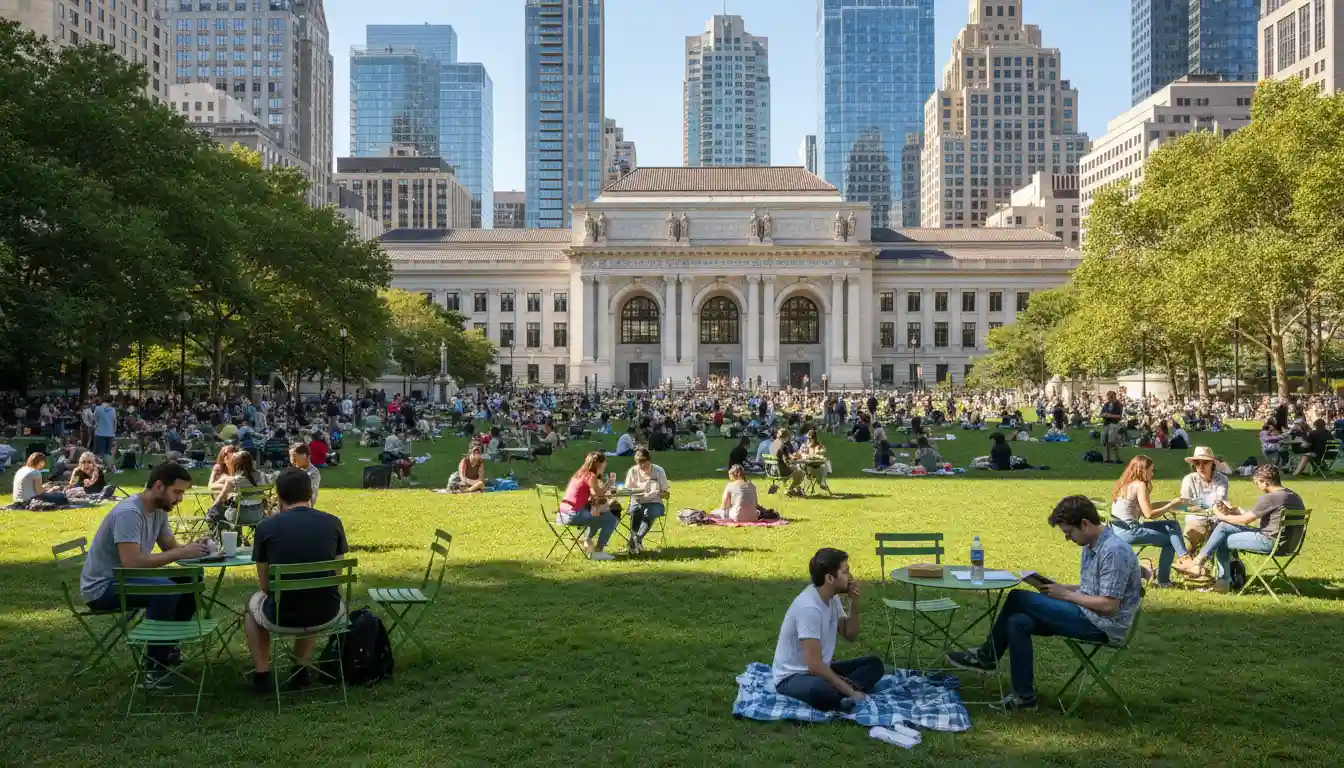 People relaxing on the lawn at Bryant Park with the NYPL in the background.