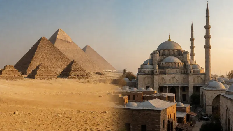 A split-image showing the Giza pyramids in a desert landscape on one side and the domes and minarets of a historic mosque on the other.