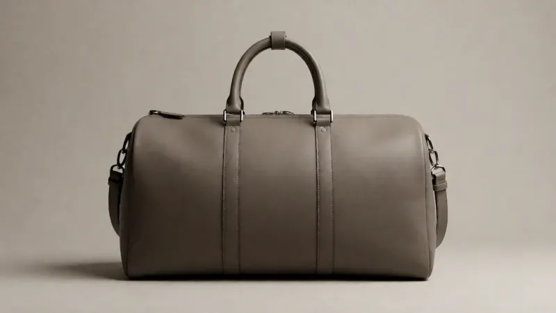 A minimalist, faux-leather duffel bag in a solid color, placed on a neutral, seamless background, highlighting its structured shape and metallic hardware.