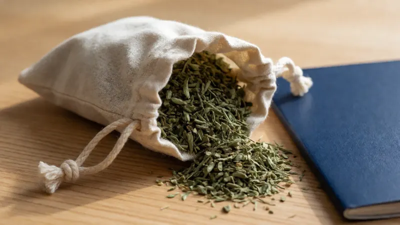 A small cloth pouch filled with dried herbs placed next to a blue passport on a light wood surface.