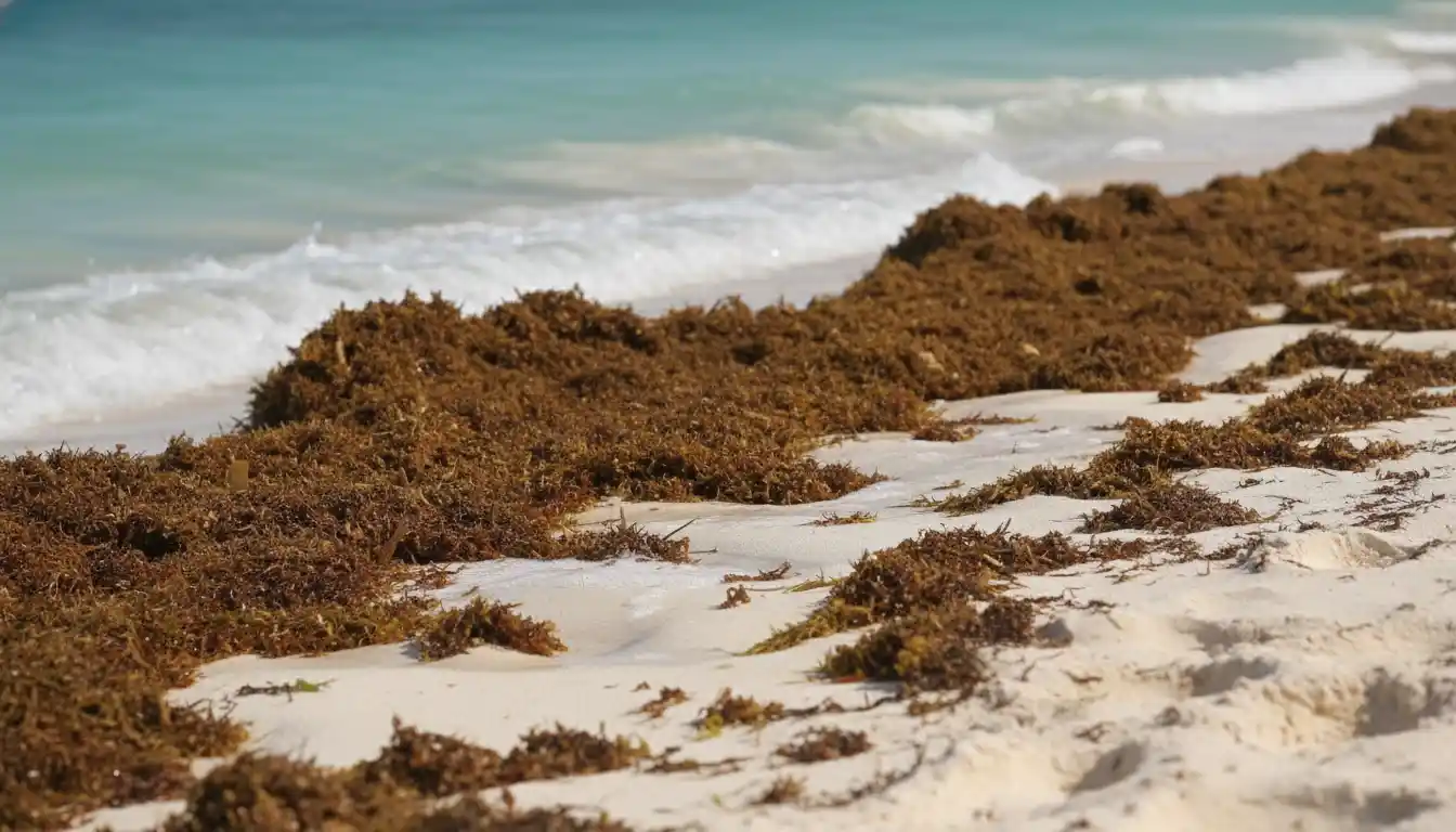 Beach area at Moon Palace Cancun showing seaweed along the shoreline