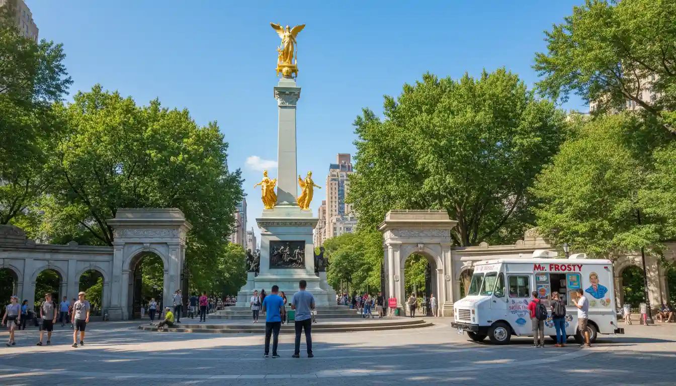 The Maine Monument statue and entrance to Central Park at Columbus Circle.