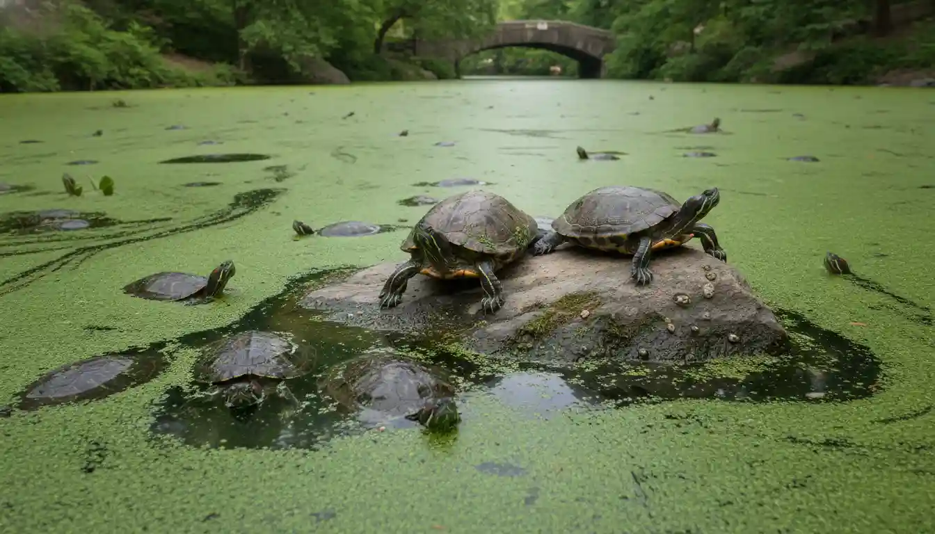 Red-eared slider turtles swimming and poking their heads out of the green lake water.