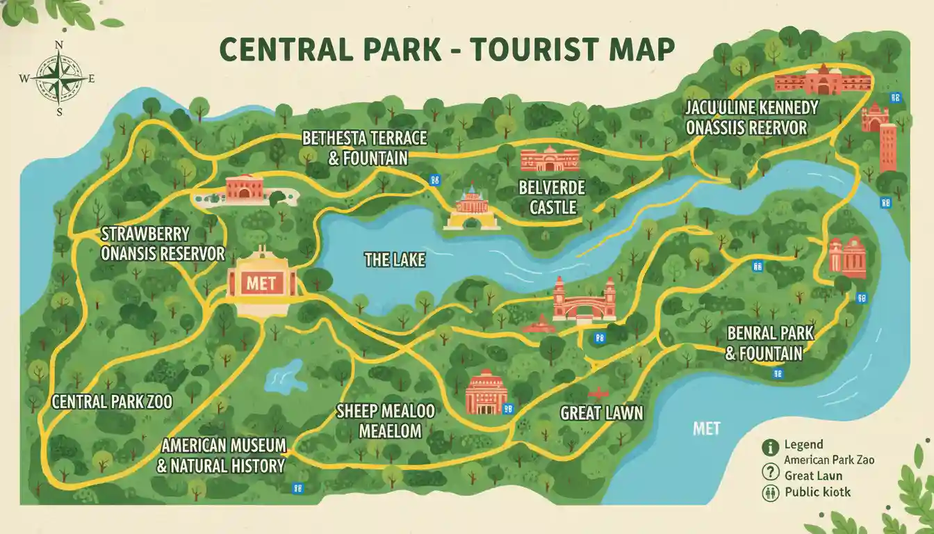 A detailed map of Central Park, highlighting key areas and paths.