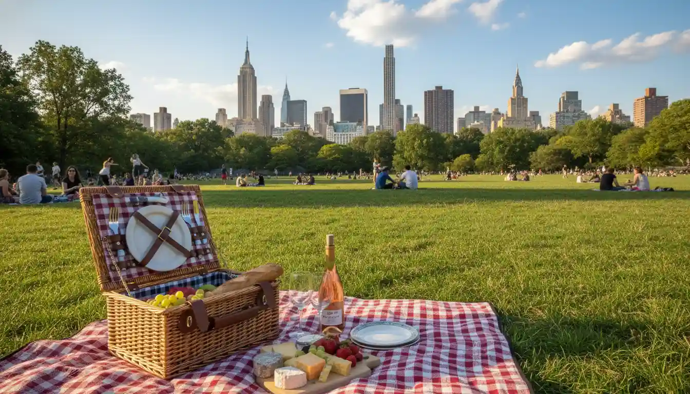 A picnic setup in Central Park with the Manhattan skyline in the distance.