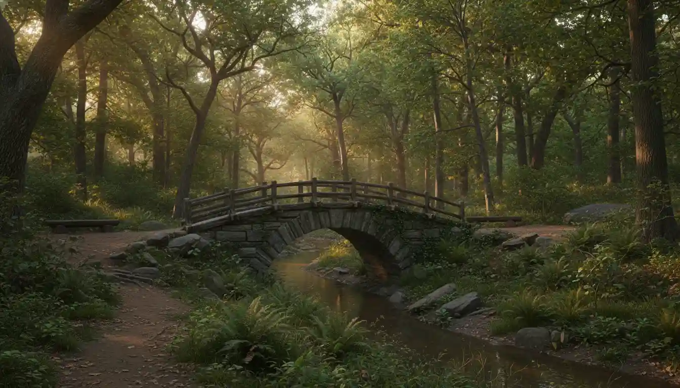 A rustic bridge surrounded by dense trees in the Ramble section of Central Park.