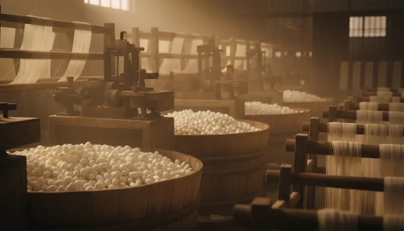 Workers processing silk cocoons at a government-sponsored silk factory