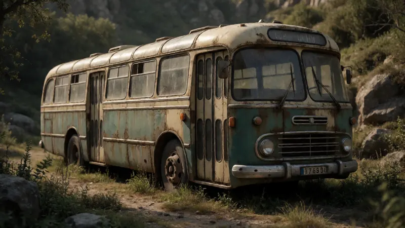 An abandoned vintage bus in a remote, overgrown clearing.
