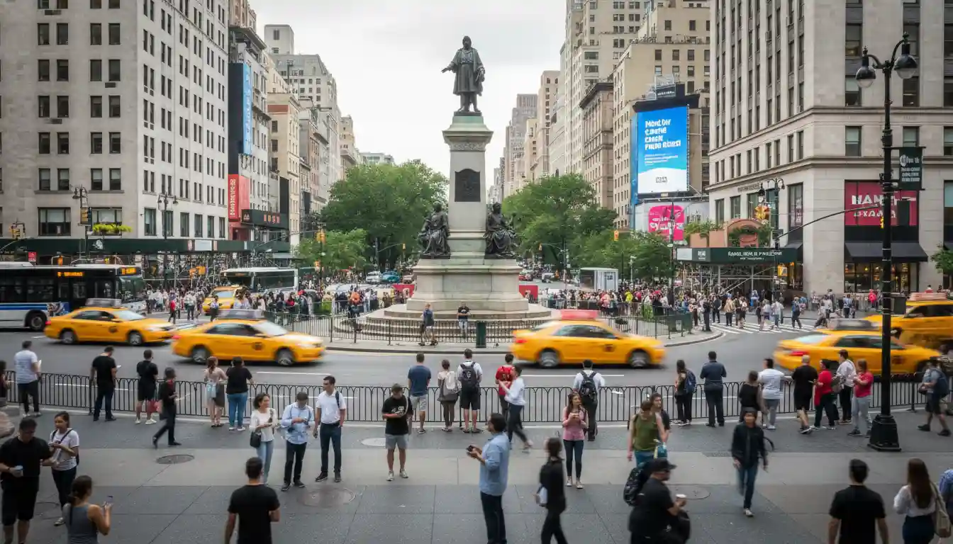 The entrance to Central Park at Columbus Circle, showing the monument and surrounding activity.