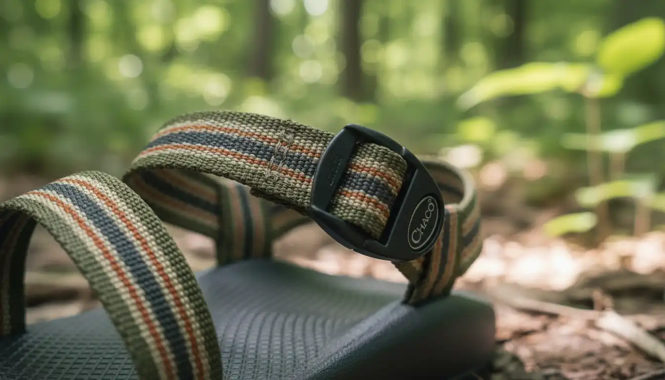 Close up of Chaco sandal straps adjusted for comfort