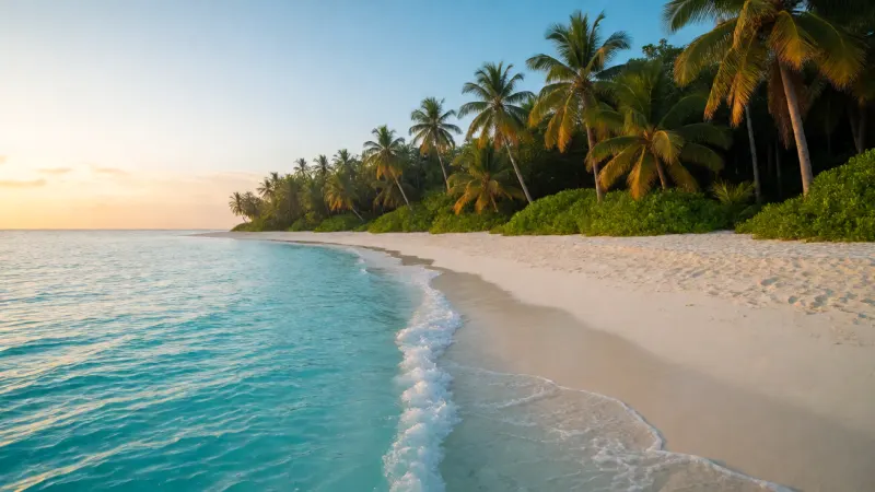A pristine, secluded tropical beach at sunrise with turquoise water, white sand, and lush palm trees lining the shore.
