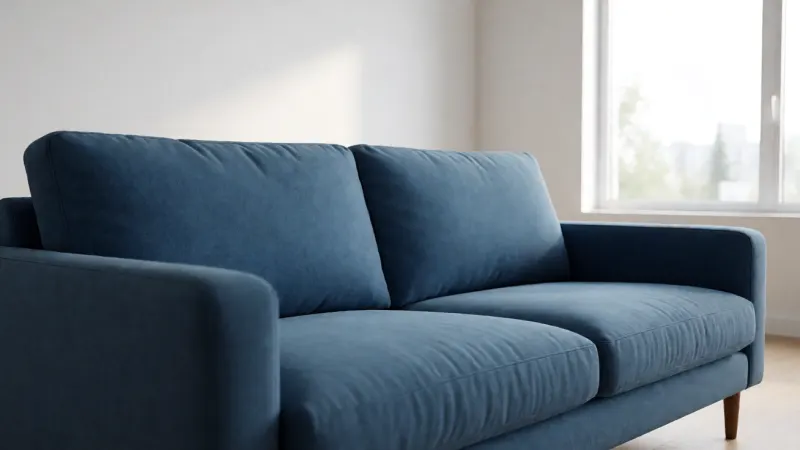 Comfortable blue sofa in a brightly lit, minimalist living room.