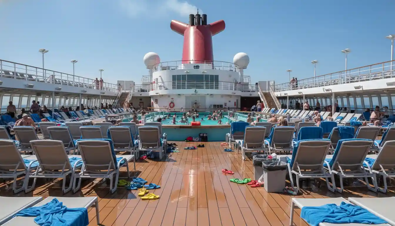 Packed pool deck on a cruise ship with passengers fighting for chairs