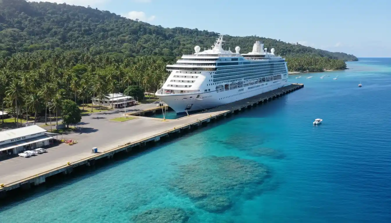 Cruise ship docked at a port in Fiji, illustrating the complex travel route