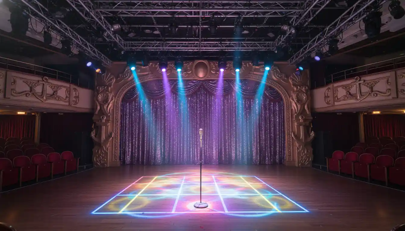 Performers on a cruise ship stage during a low-budget production