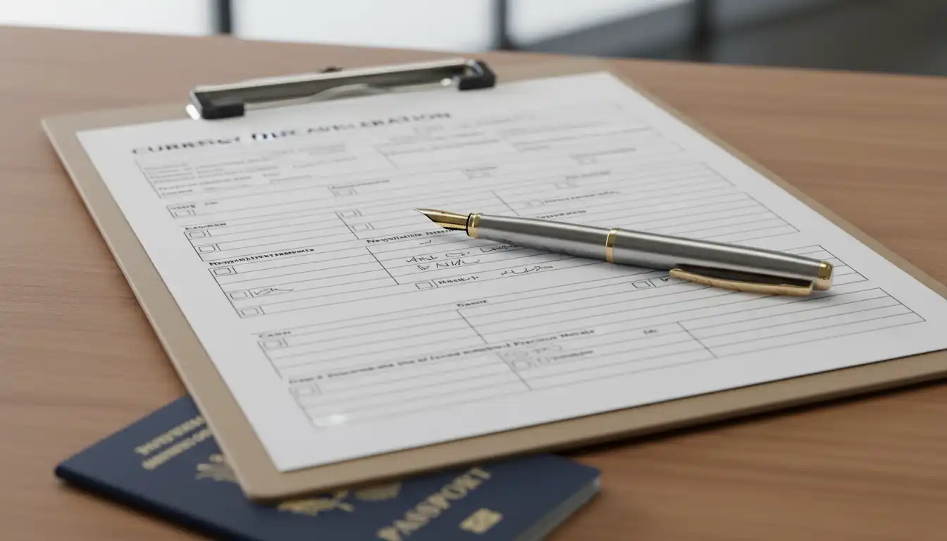 Filling out a currency declaration form at the airport