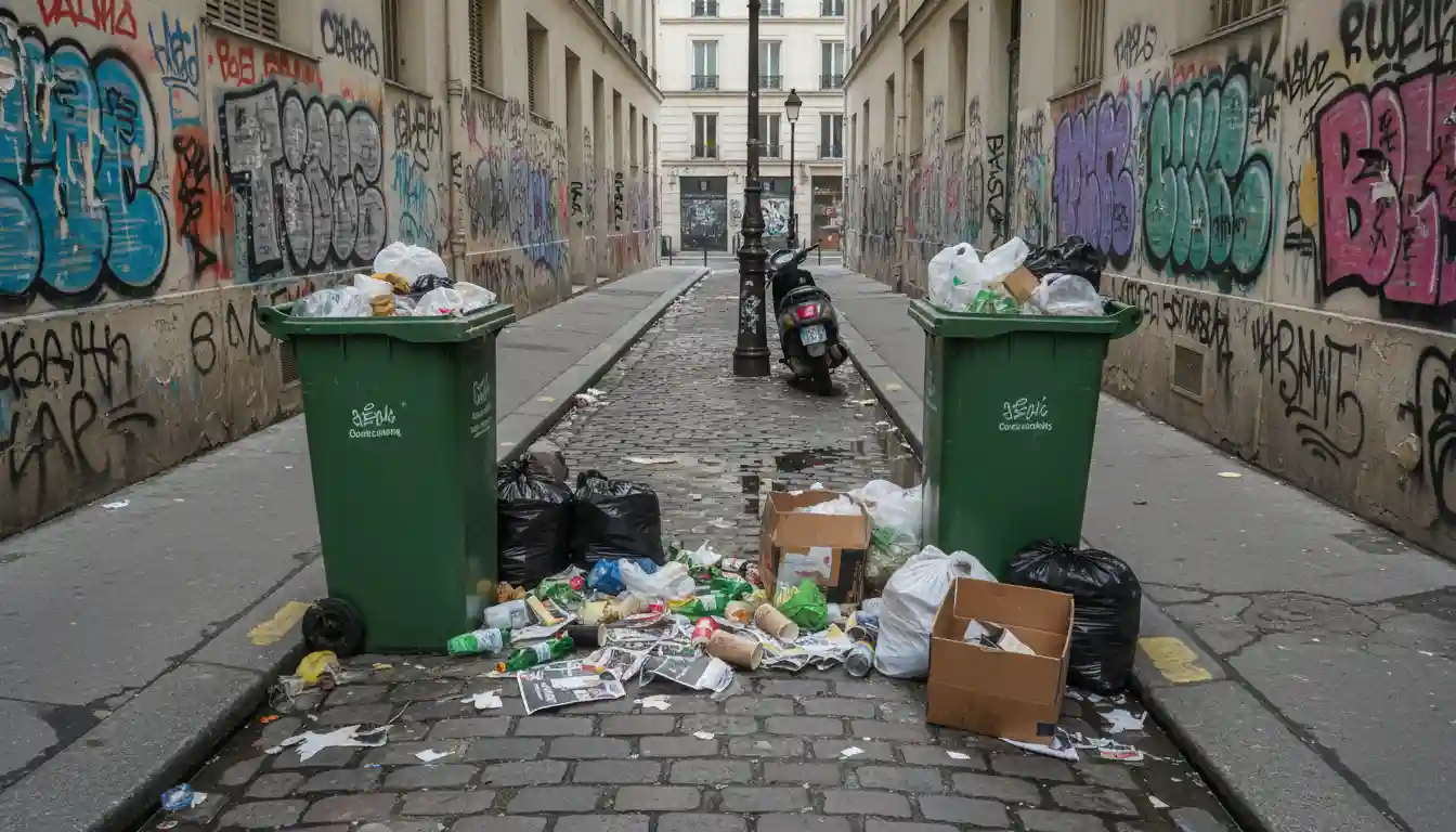 Trash and litter scattered across a Parisian street sidewalk