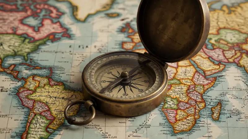 A well-worn compass resting on a colorful, antique world map.