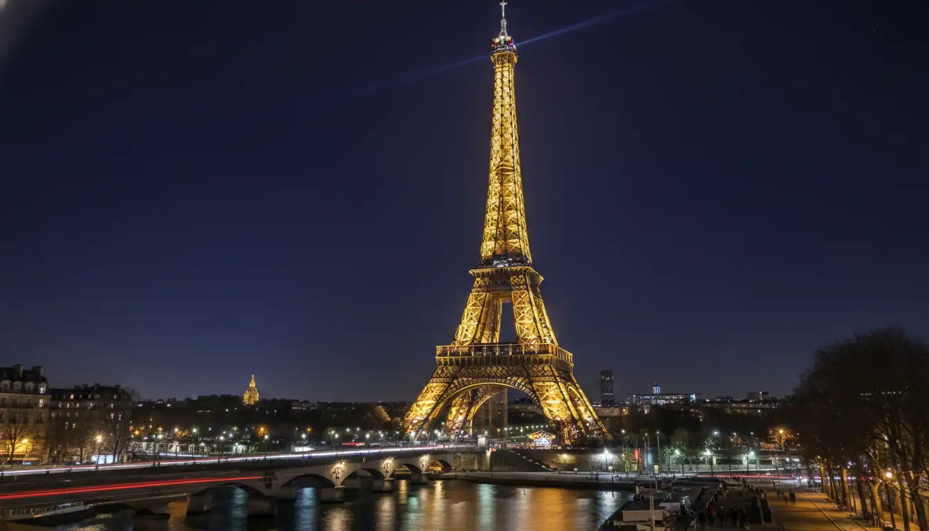 The Eiffel Tower illuminated at night in Paris