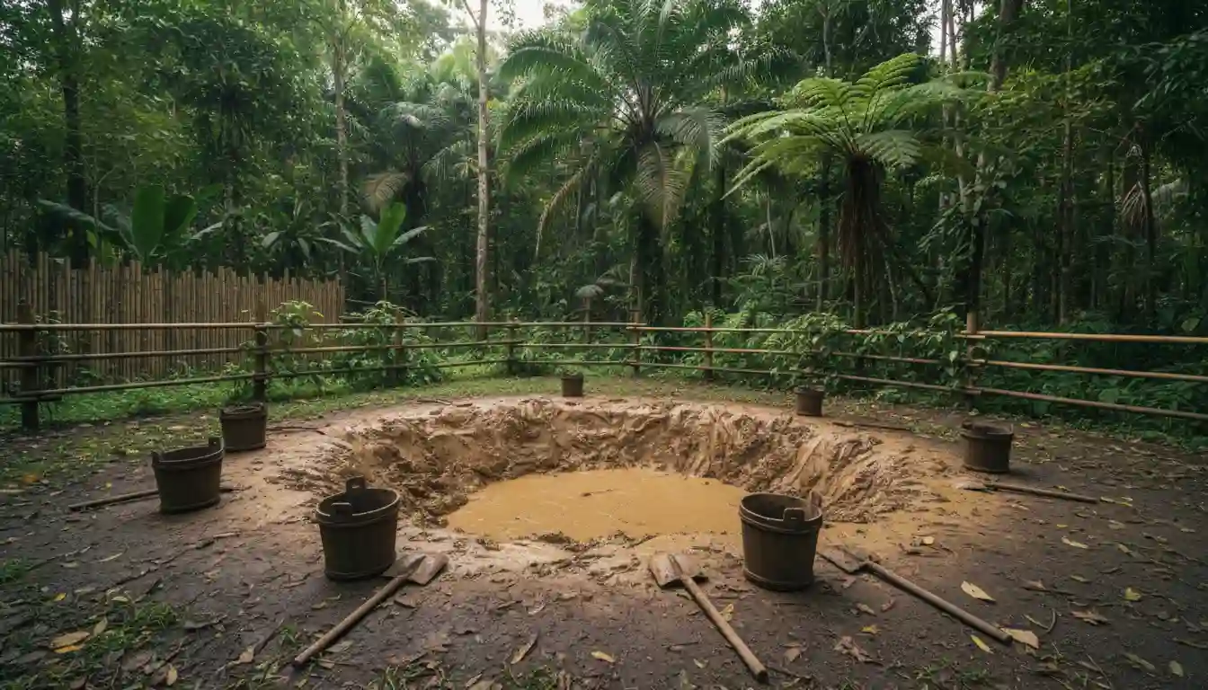 Tourist giving a mud bath to an elephant at a sanctuary in Thailand