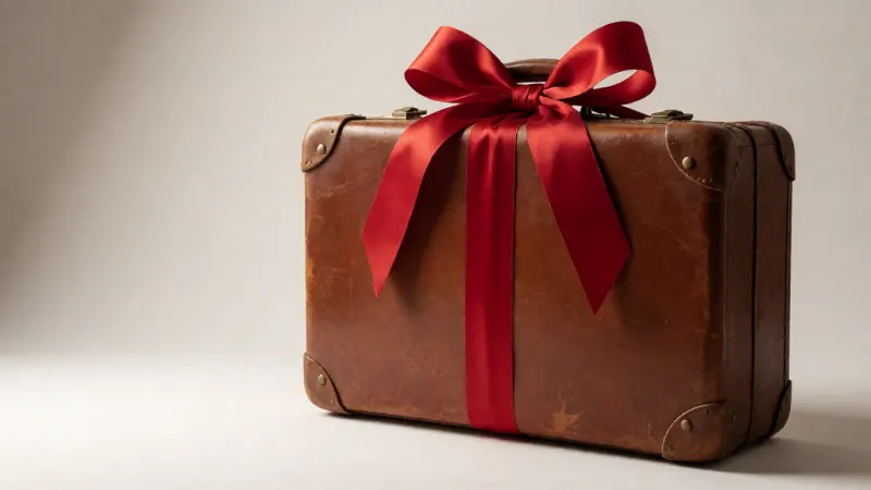 A vintage leather suitcase with a large, red gift ribbon tied around it.