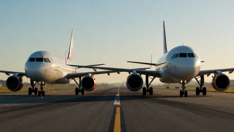 Two passenger airplanes on an airport runway under a clear sky.