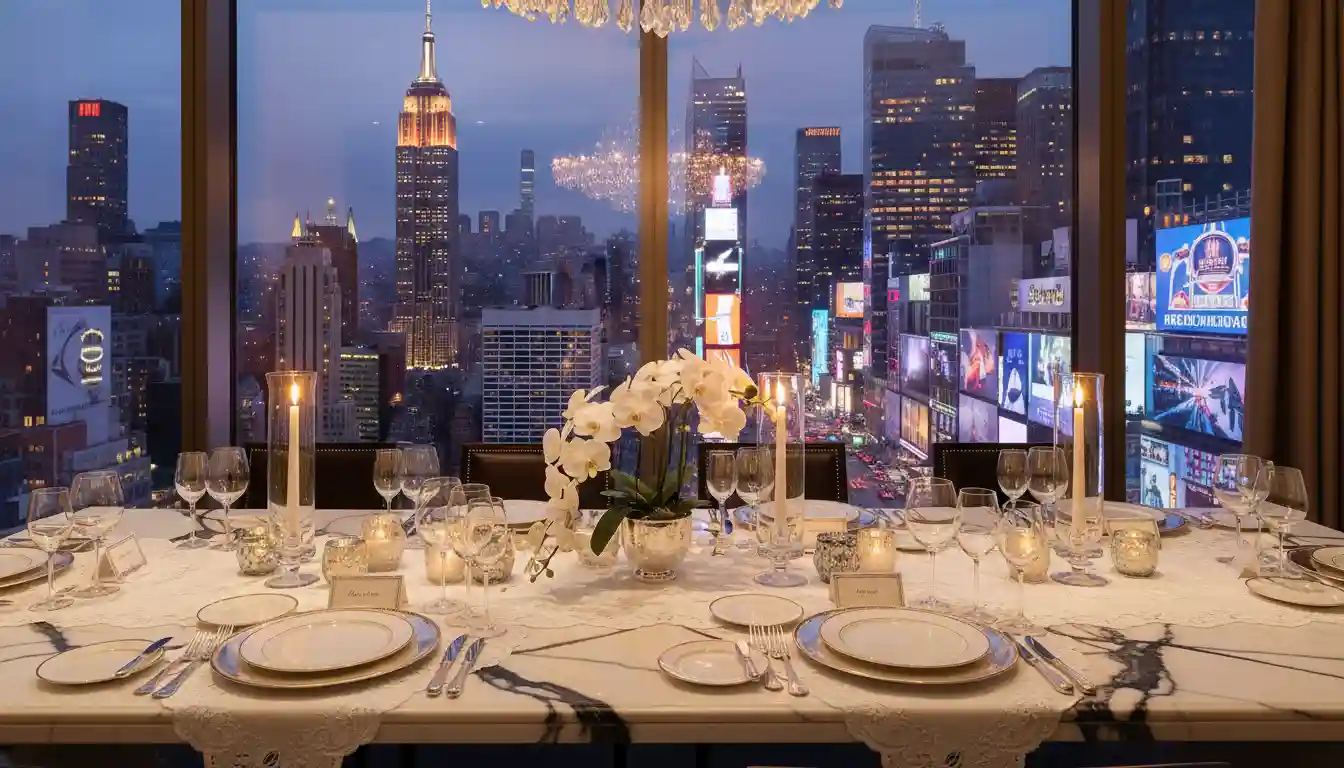 A formal dining table set for dinner with a backdrop of the Empire State Building and Times Square far below.