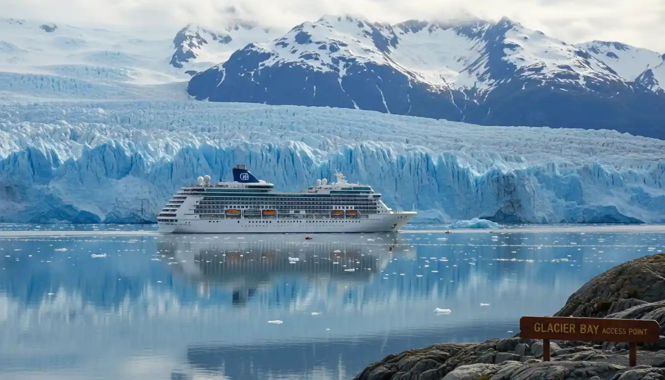 A large cruise ship navigating the calm waters near a massive blue glacier.