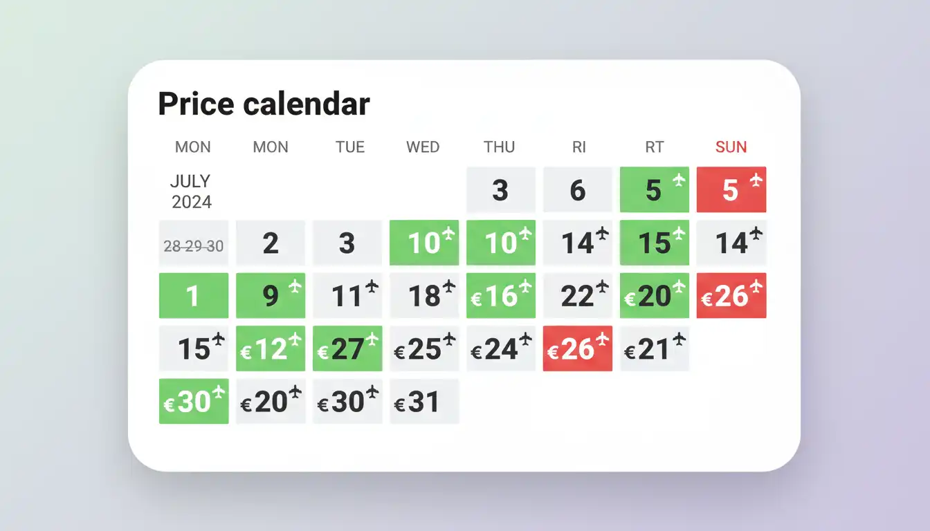 Flight price calendar showing cheaper and more expensive days highlighted.