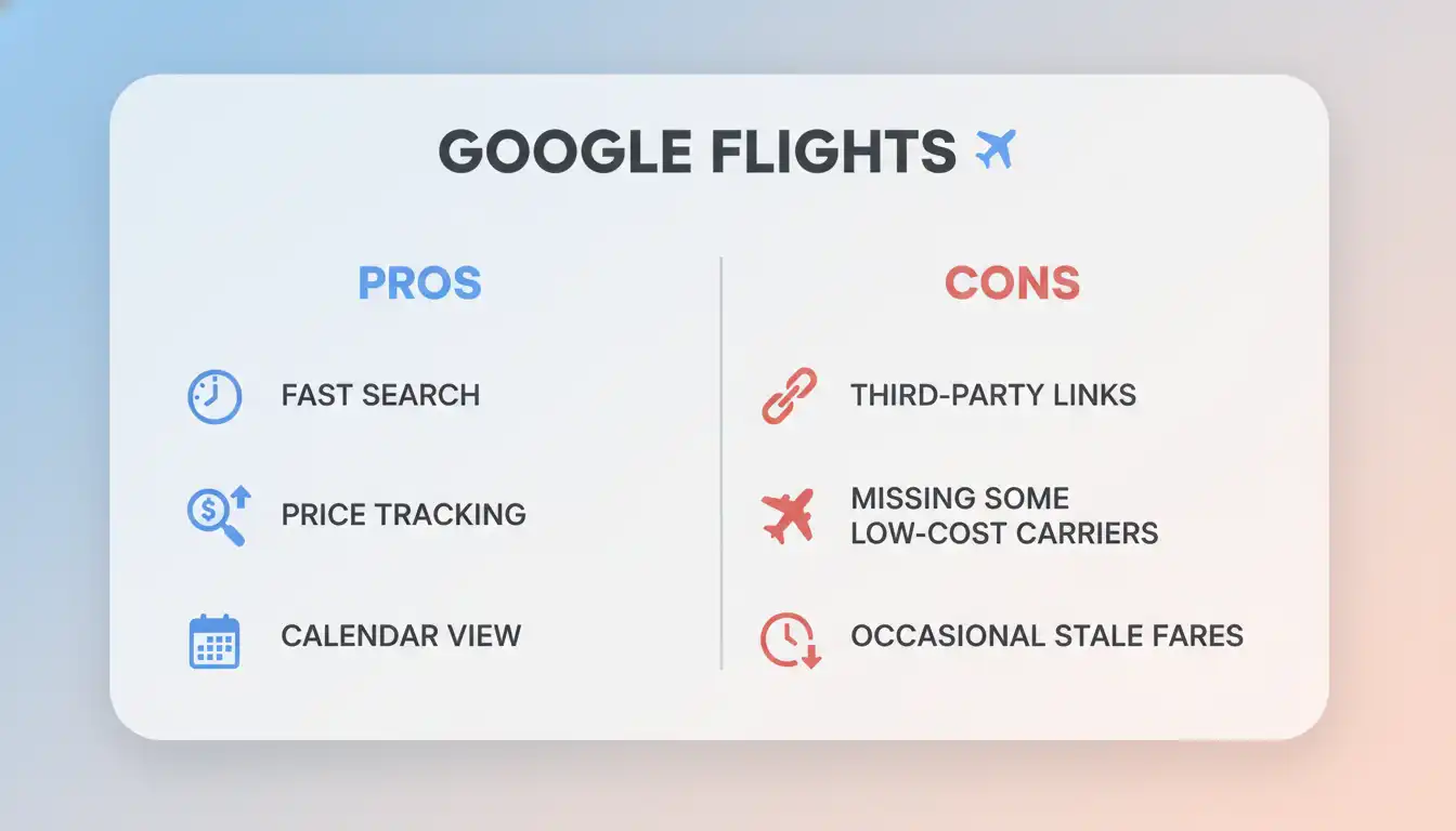 Two-column card showing pros and cons of using Google Flights.