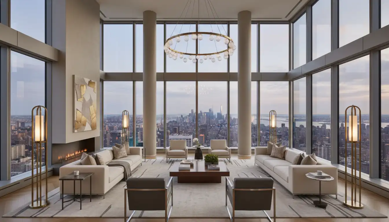 The Grand Salon living room with 27-foot ceilings, floor-to-ceiling windows, and designer furniture.